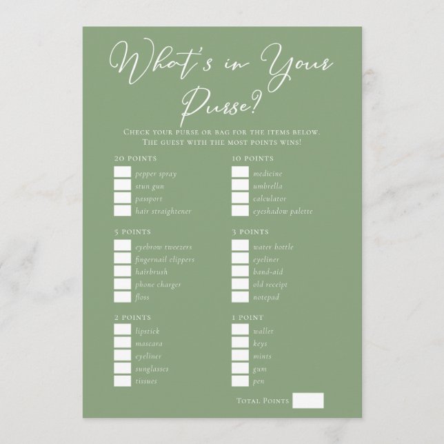 Carte Downloadable Sage Green Purse Bridal Shower Game (Devant)