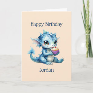 Carte Dragon Bébé Bleu Mange un Cupcake