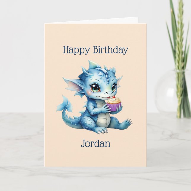 Carte Dragon Bébé Bleu Mange un Cupcake (Devant)