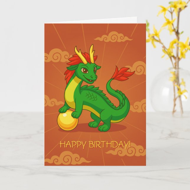 Carte Dragon Chinois Vert sur Fond Rouge d'Anniversaire (Fleur jaune)