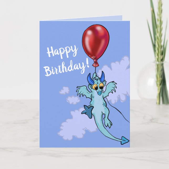 Carte Dragon d'anniversaire au ballon qui s'envole (Devant)