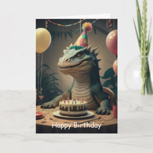 Carte Dragon de Komodo assis à une table avec un gâteau 