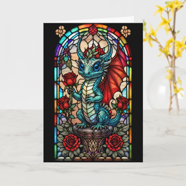 Carte Dragon en verre de Faux Stainé avec Rose (Fleur jaune)