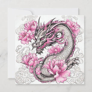Carte Dragon Oriental aux Fleurs Roses Vibrantes