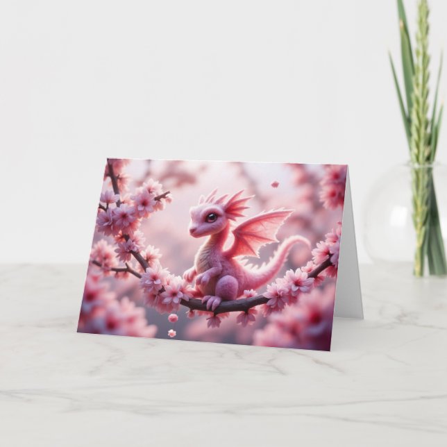 Carte Dragon rose en fleurs (Devant)