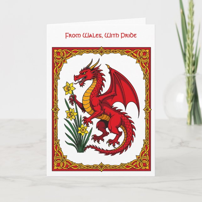 Carte Dragon Rouge Celtique Tenant un Narcisse (Devant)