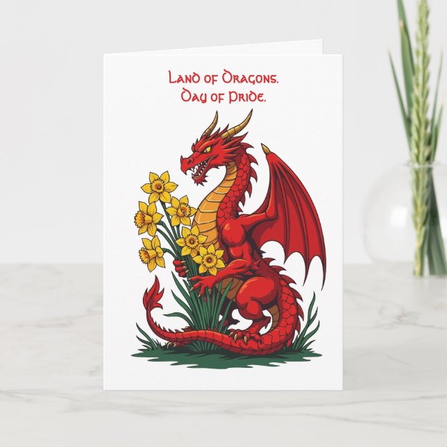 Carte Dragon Rouge Cueillant des Jonquilles  (Devant)