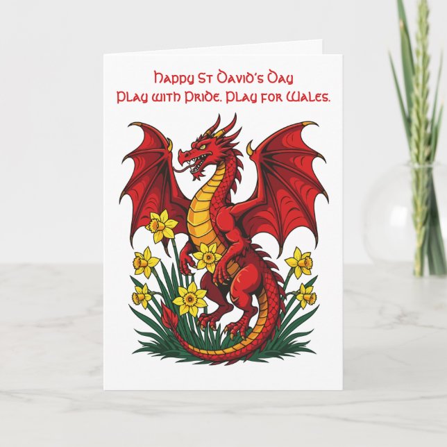 Carte Dragon Rouge Debout Parmi les Jonquilles (Devant)