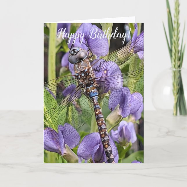 Carte Dragonfly colorée sur les fleurs violettes Anniver (Devant)