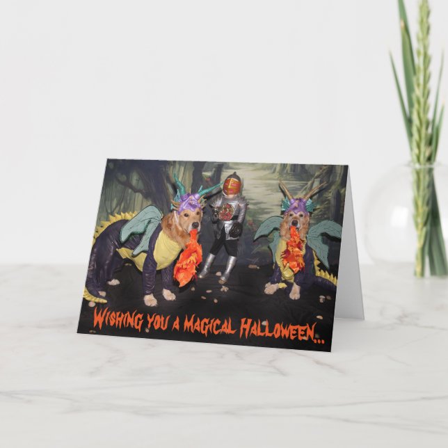 Carte Dragons de Halloween de golden retriever (Devant)