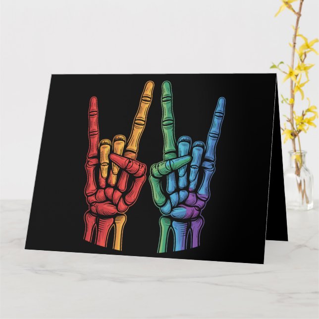 Carte Drapeau arc-en-ciel LGBTQ Main de roche squelette  (Fleur jaune)