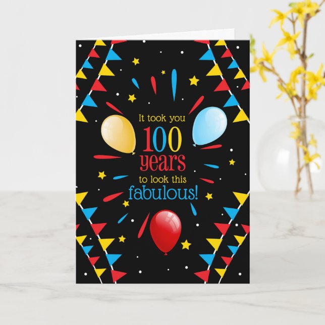 Carte Drapeaux et ballons pour 100e anniversaire fabuleu (Fleur jaune)