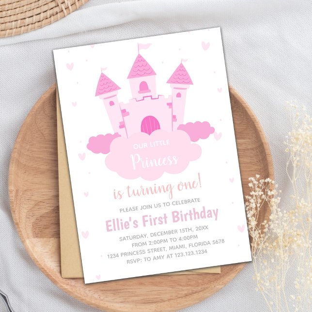Carte Dreamcloud Fairy Tale Party (Pink Castle under Cloud Princess Birthday Invitation)