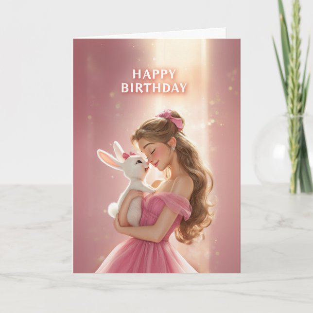 Carte Dreamy Bday Card With Pretty Girl & Cute Bunny (Devant)