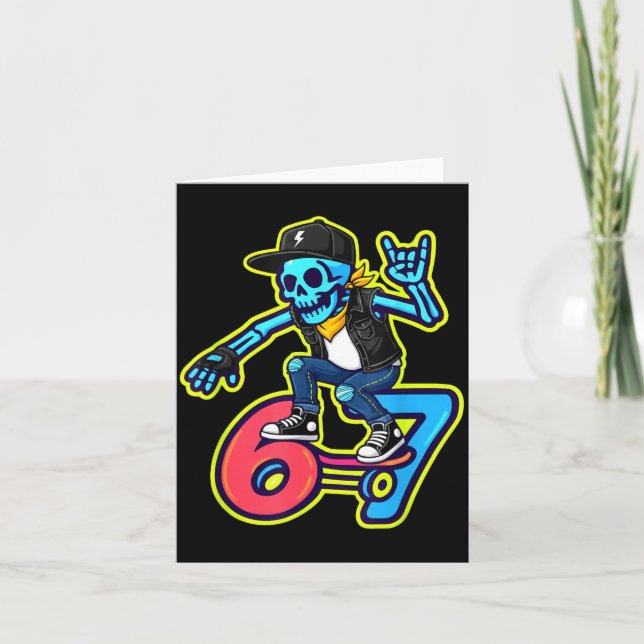 Carte Drôle 67 squelette skater mème skateboard rétro  (Devant)