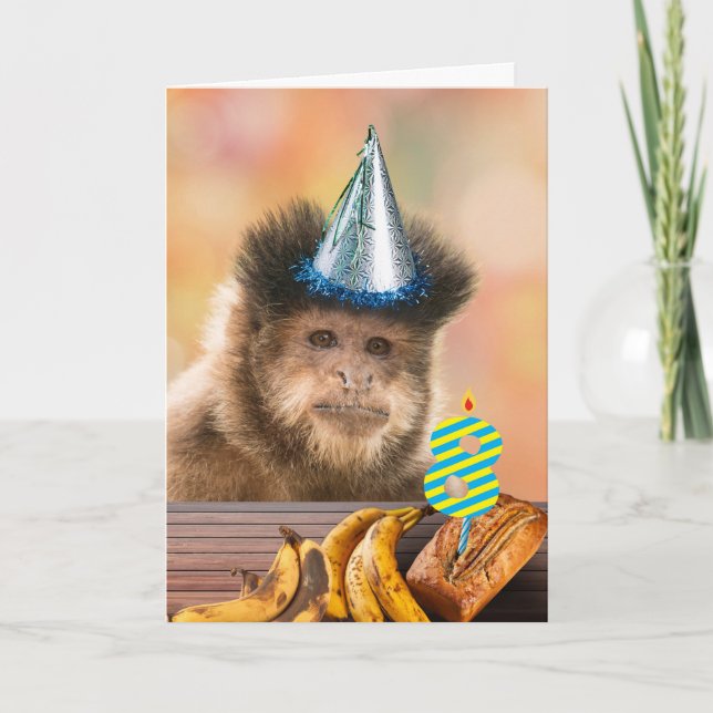 Carte Drôle 8 Anniversaire Capucin Singe Banane Pain (Devant)