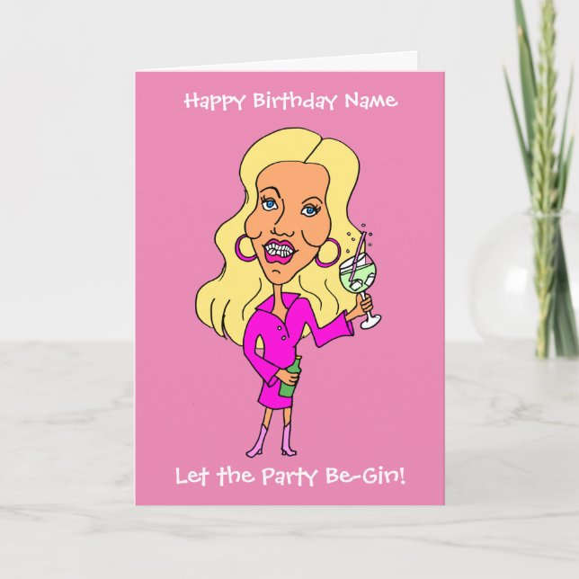 Carte Drôle Cartoon Femme Boire Gin Blonde Anniversaire (Devant)