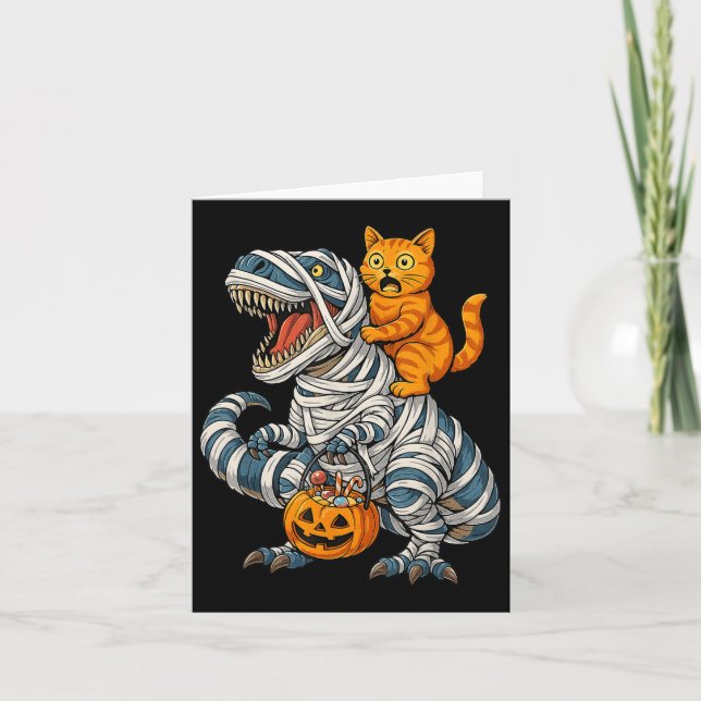 Carte Drôle Chat équitation maman Dinosaur T-rex Hallowe (Devant)