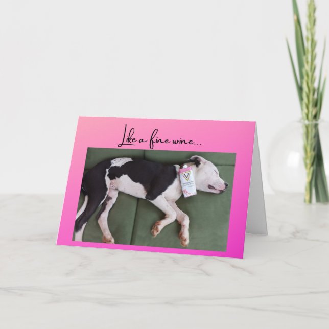 Carte Drôle chien d'anniversaire avec boîte à vin (Devant)