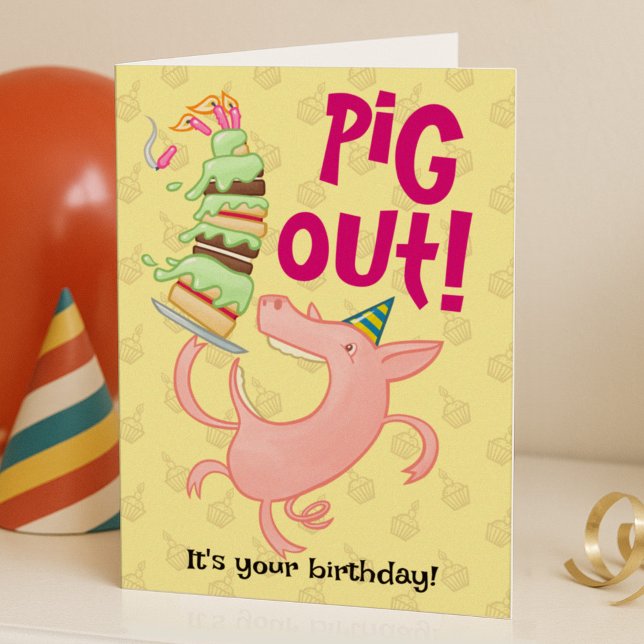 Carte Drôle Cochon Manger Birthday Cake Pig Out! Dessin (Créateur téléchargé)