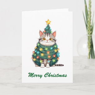 Carte Drôle Comic Whimsical Chat Joyeux Arbre de Noël