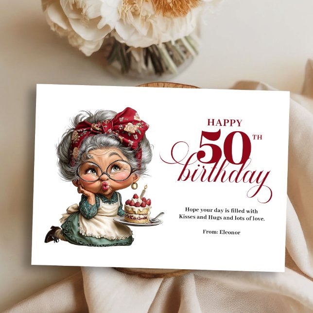 Carte drôle de 50e anniversaire fantaisiste pour f (funny 50th birthday, 
trendy colors burgundy red, 
greeting card,
whimsical humor,
quirky, 
personal)