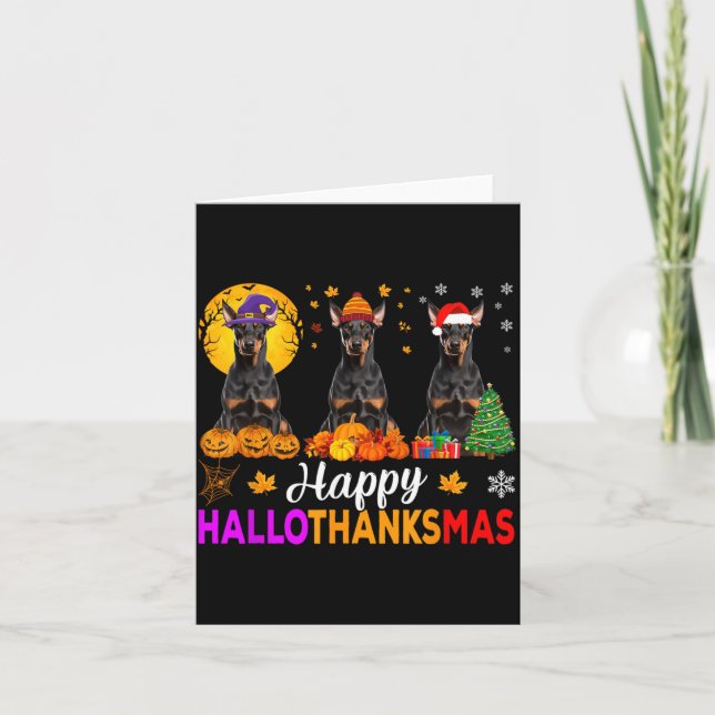 Carte Drôle de Doberman Joyeux Hallothanksmas pour Hallo (Devant)