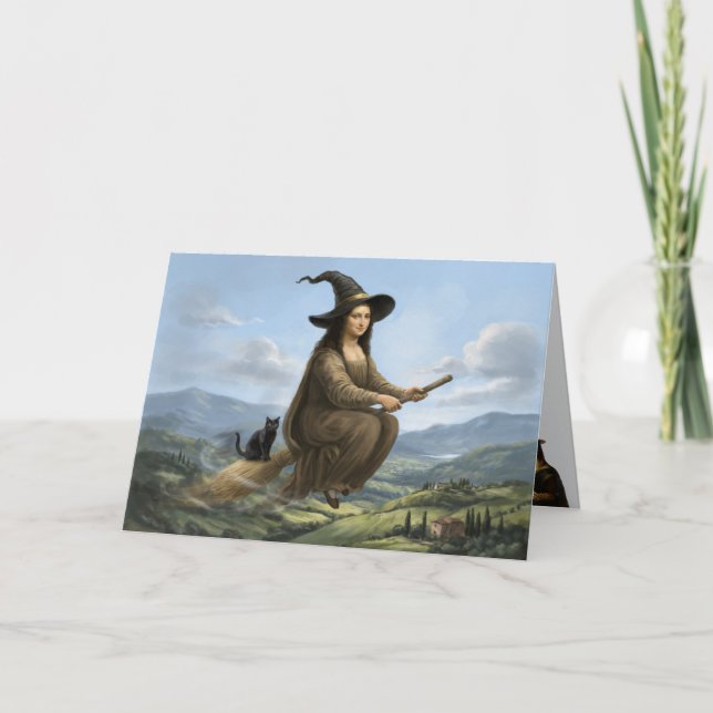 Carte drôle de Halloween de sorcière de Mona Lisa (Devant)