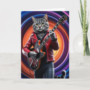 Carte drôle de rockeur avec un chat gris tabby