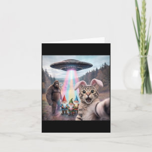 Carte Drôle de selfie de Pâques de chat avec Bigfoot UFO