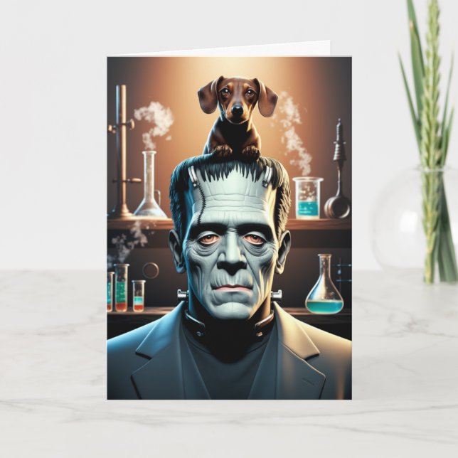 Carte drôle de teckel et de Frankenstein (Devant)