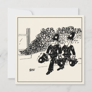 Carte Drôle dessin de police. Le poste de police en feu.