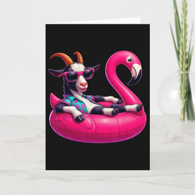 Carte Drôle d'été Chèvre Rose Fête de piscine Hawaïenne  (Devant)