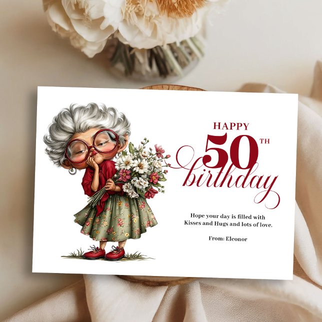 Carte drôle femme originale 50 ans humour fantaisi (Happy 50th quirky woman card fun whimsical humor)