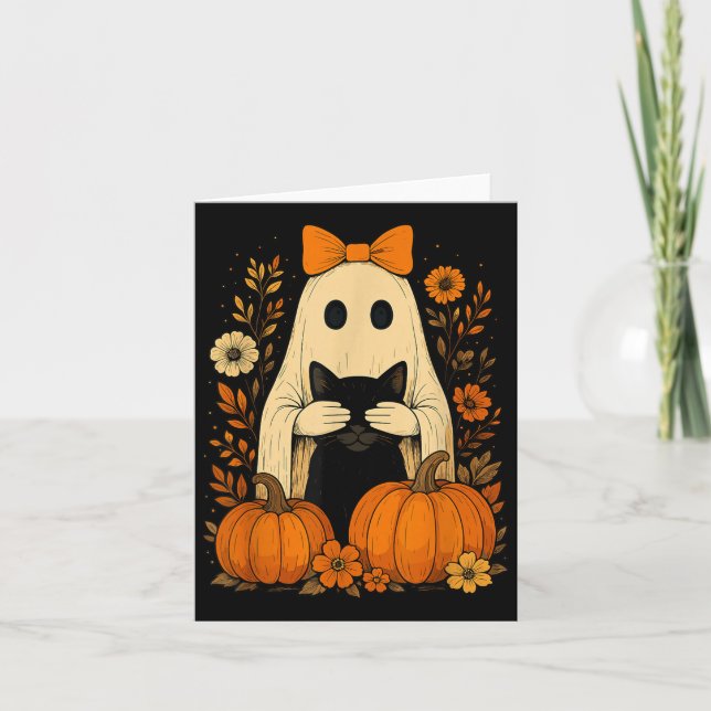 Carte Drôle Ghost Bow Holding Chat Noir Automne Hallowee (Devant)