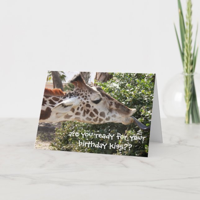 Carte Drôle Giraffe Card, prêt pour ton baiser d'anniver (Devant)