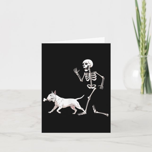 Carte Drôle Halloween Bull Terrier Et Skeleton (Devant)