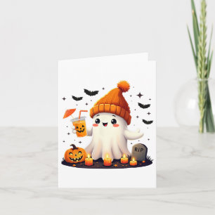 Carte Drôle Halloween mignon Fantôme Boire Café de glace