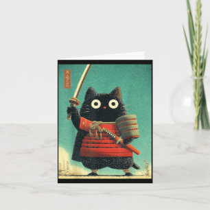 Carte Drôle Mignon Chat Japonais Samouraï Sumi-e Katana