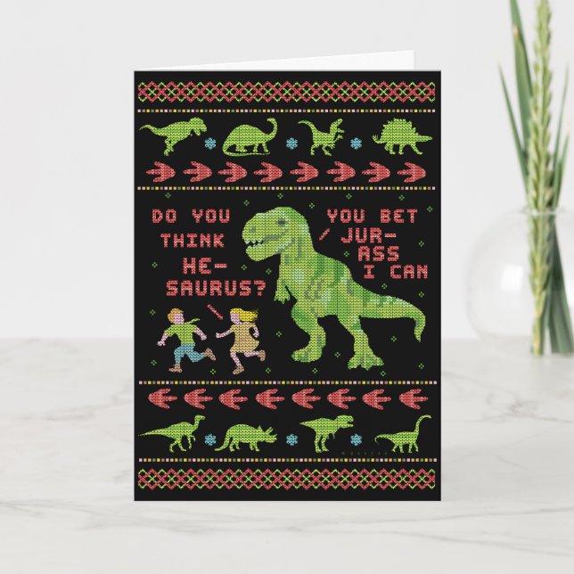 Carte Drôle Noël T Rex Dinosaur Pun Humour Faux Knit (Devant)