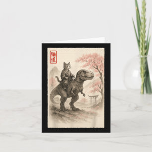 Carte Drôle Sumi-e Kawaii Chat Chevauchant un Dinosaure 