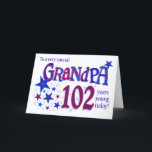 Carte du 102e anniversaire de papy Word Art with S<br><div class="desc">Montrez à votre grand-père ce qu'il veut dire pour vous avec cette carte de 102e anniversaire "étoilée" ! Le message d'accueil dit : "A un grand-père très spécial 102 ans jeune aujourd'hui !" et le mot, grand-père et le numéro "102" sont énormes et remplis de motifs coordonnés dans les tons...</div>