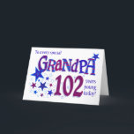 Carte du 102e anniversaire de papy Word Art with S<br><div class="desc">Montrez à votre grand-père ce qu'il veut dire pour vous avec cette carte de 102e anniversaire "étoilée" ! Le message d'accueil dit : "A un grand-père très spécial 102 ans jeune aujourd'hui !" et le mot, grand-père et le numéro "102" sont énormes et remplis de motifs coordonnés dans les tons...</div>