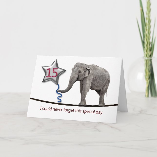 Carte du 15e anniversaire avec éléphant à corde (Devant)