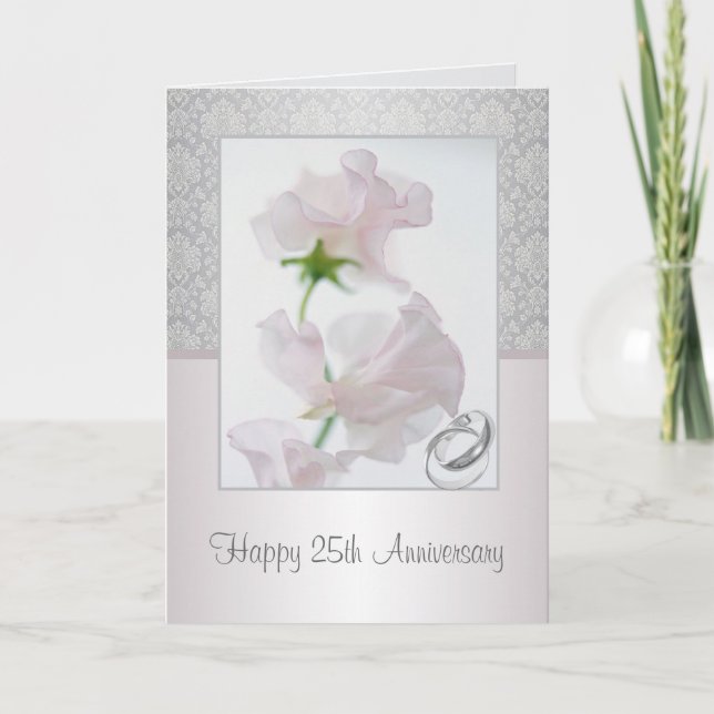 Carte du 25e anniversaire. Fleurs, anneaux, damas  (Devant)