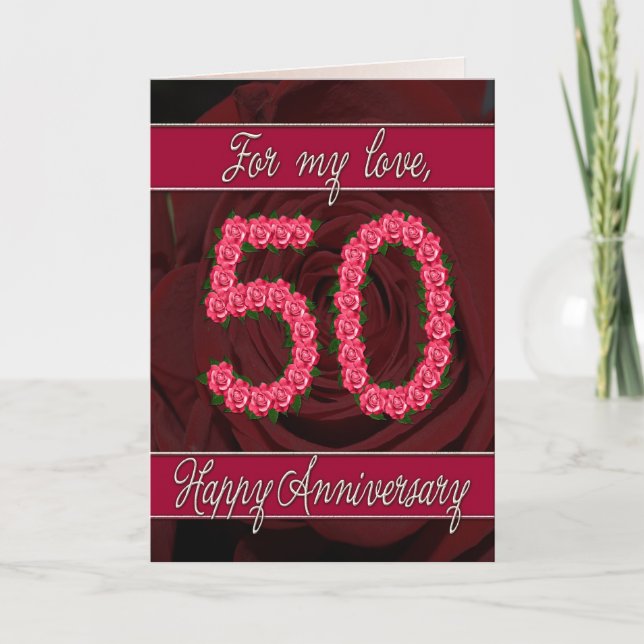 Carte du 50e anniversaire avec roses et feuilles (Devant)