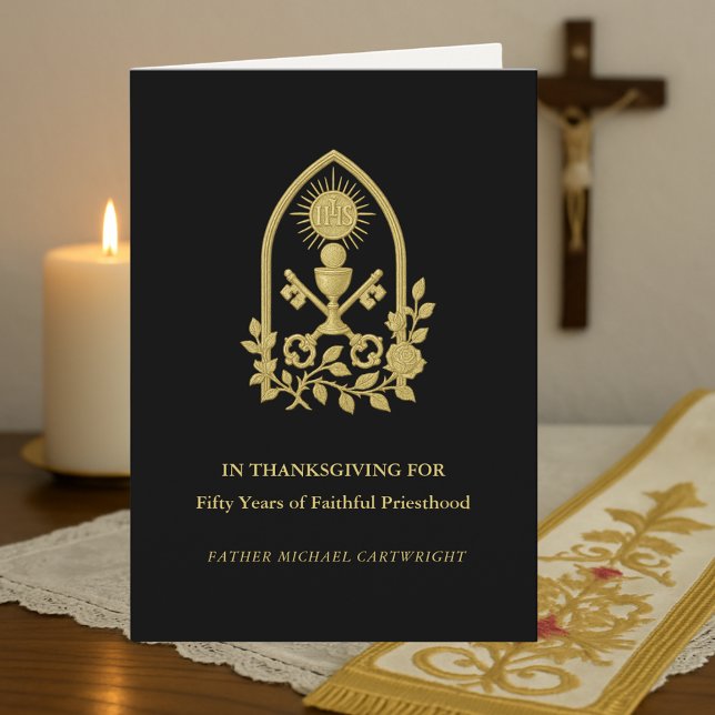 Carte du 50e Jubilé Prêtre IHS, Clés et Calice (Créateur téléchargé)