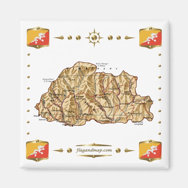 Carte du Bhoutan + Aimant drapeaux (Devant)