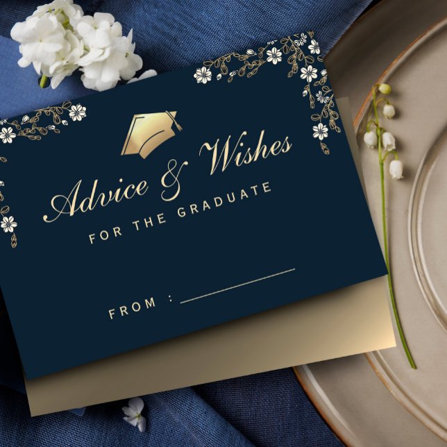 Carte du boîtier de conseil pour l'obtention d'un  (Elegant navy blue and gold graduation advice enclosure cards, floral Frame Luxury Graduation #advice)