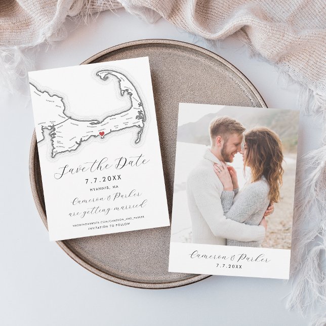 Carte du Cap Hyannis MA Carte du Cap Mariage noir  (Hyannis MA Cape Cod Map Save the Date with Photo in Elegant Modern Black and White )